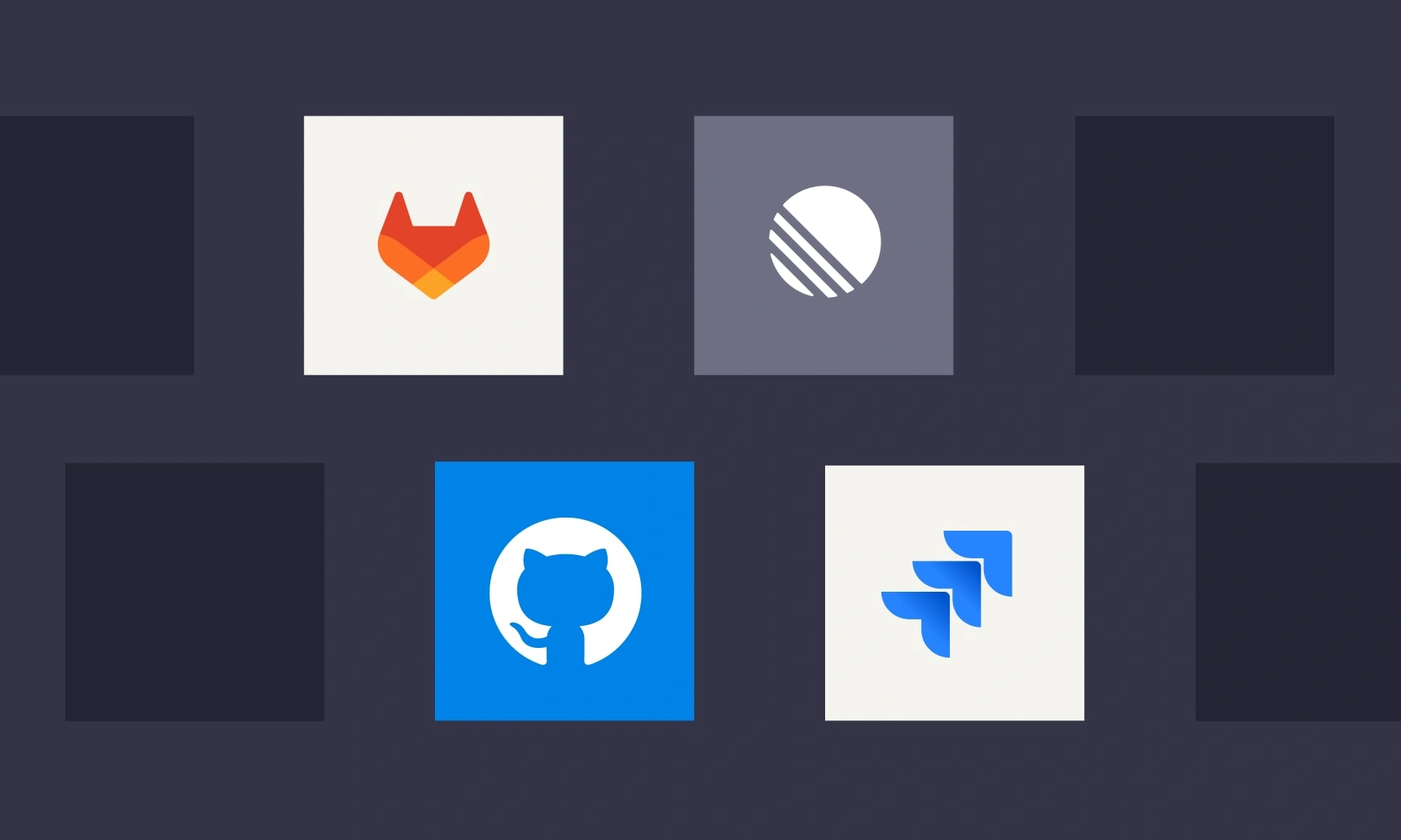 Official Mistral marketing graphic on a dark background showing GitLab, Linear, GitHub and Jira logo tiles in a grid