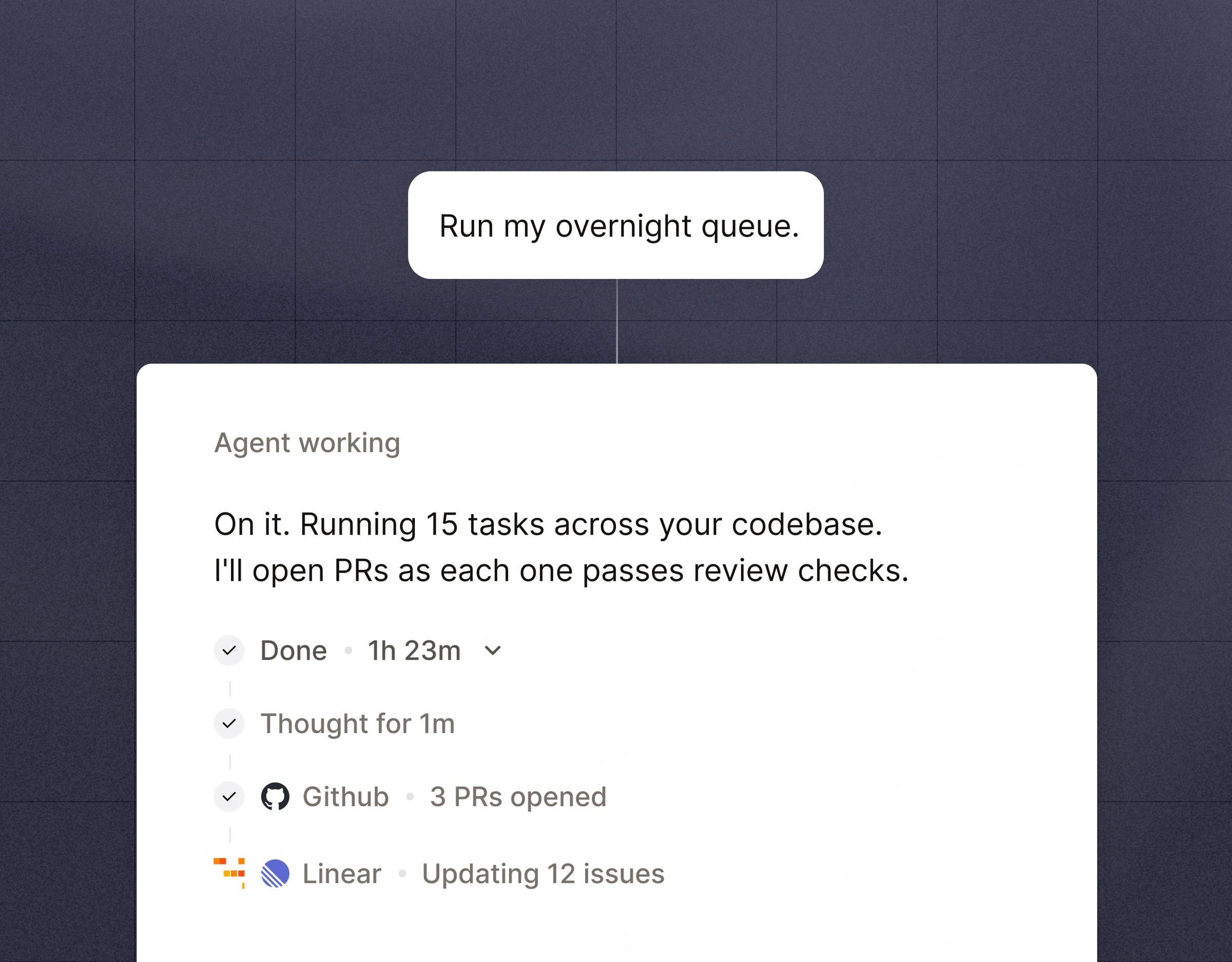 Official Mistral marketing graphic on a dark blue background with a prompt reading Run my overnight queue and an Agent working card reporting 15 tasks running across a codebase, three GitHub pull requests opened and 12 Linear issues being updated